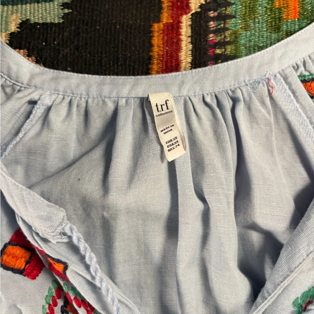 Embroidered Light Blue TRF Dress with Red and Orange Accents - Picture 8 of 9